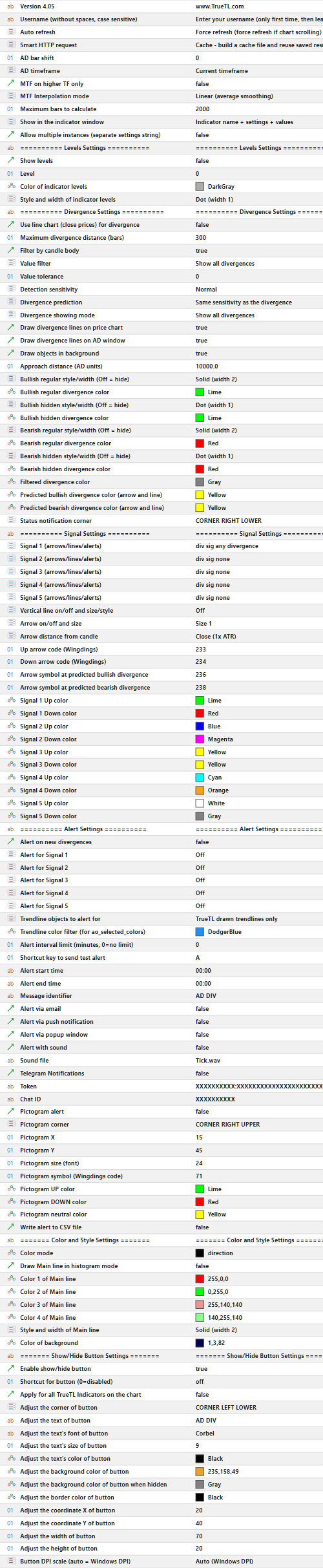 AD Divergence Indicator Settings Panel