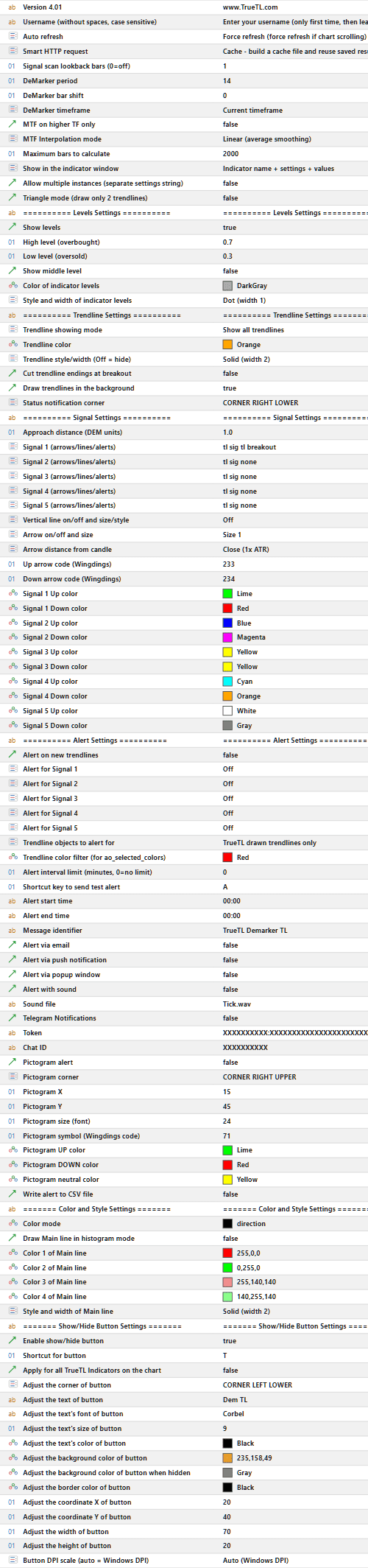 Demarker Trendline Indicator Settings Panel