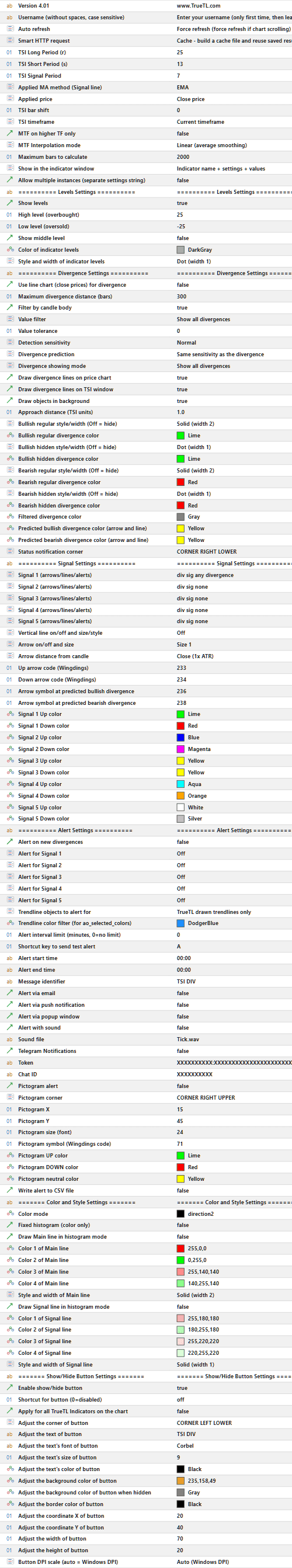 TSI Divergence Indicator Settings Panel